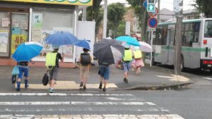 横断歩道を渡る登下校中の小学生たち