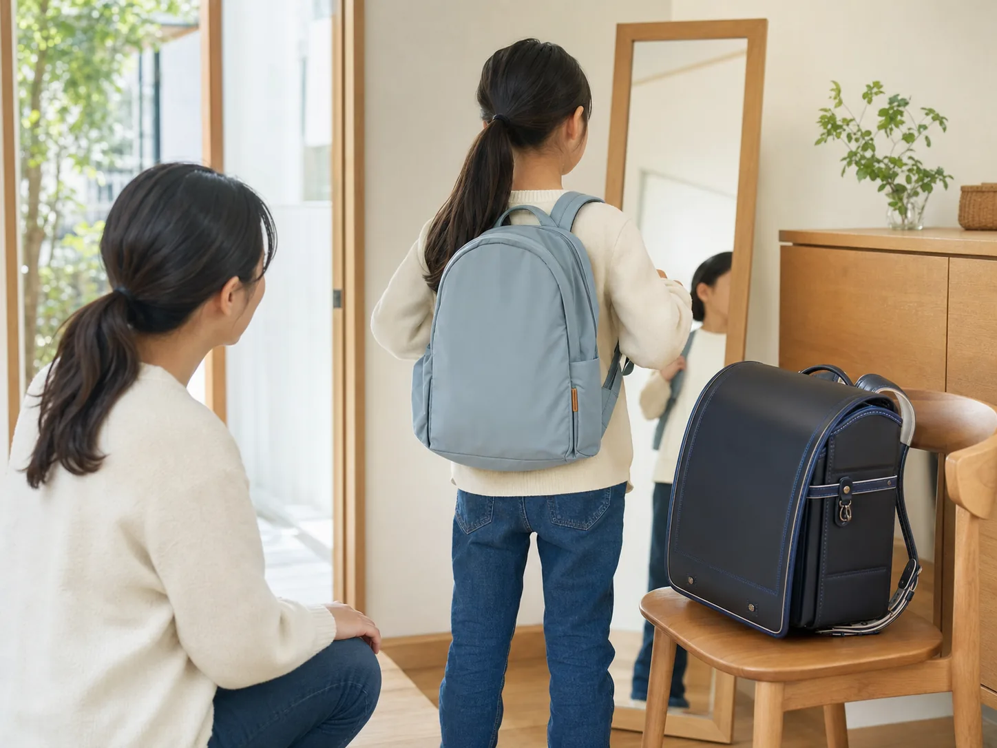 子ども本人がランリュックとランドセルを背負って選ぶ様子