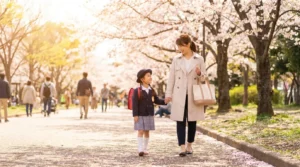 天使のはねを背負ってお母さんと歩く女の子