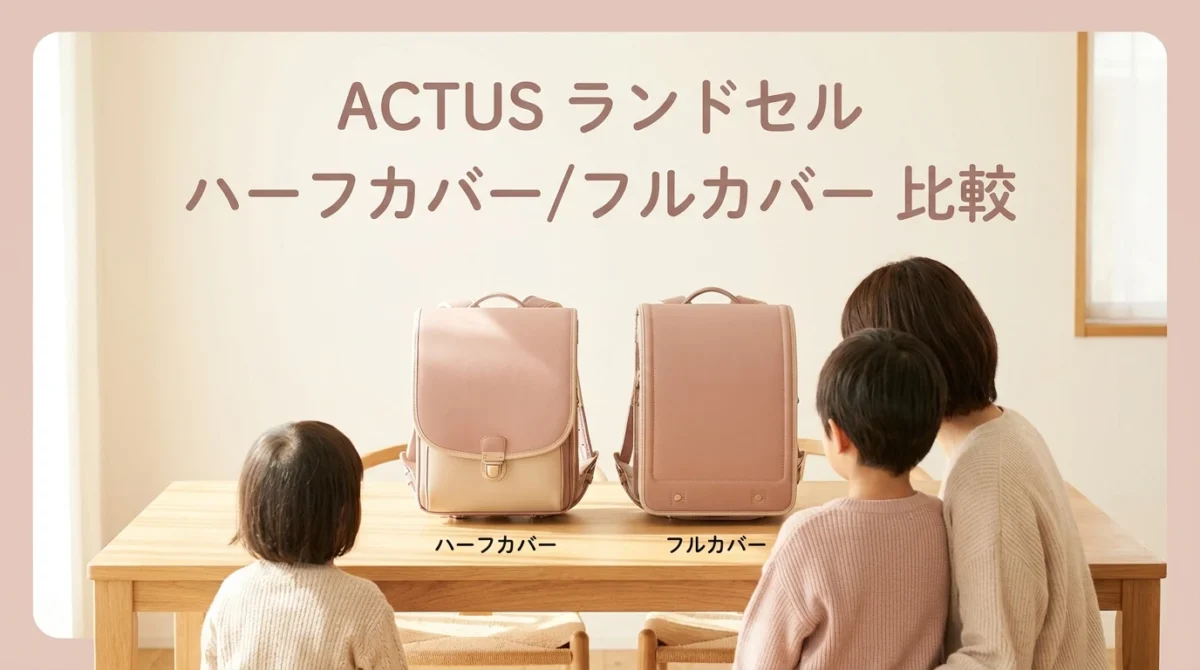 ACTUSランドセルのハーフカバーとフルカバーを比較する図解