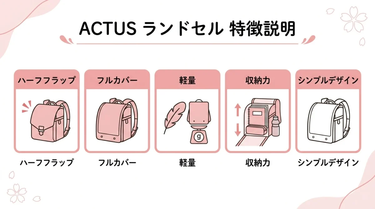 ACTUSランドセルの半かぶせ、フルカバー、軽量、収納力、シンプルデザインの特徴図解