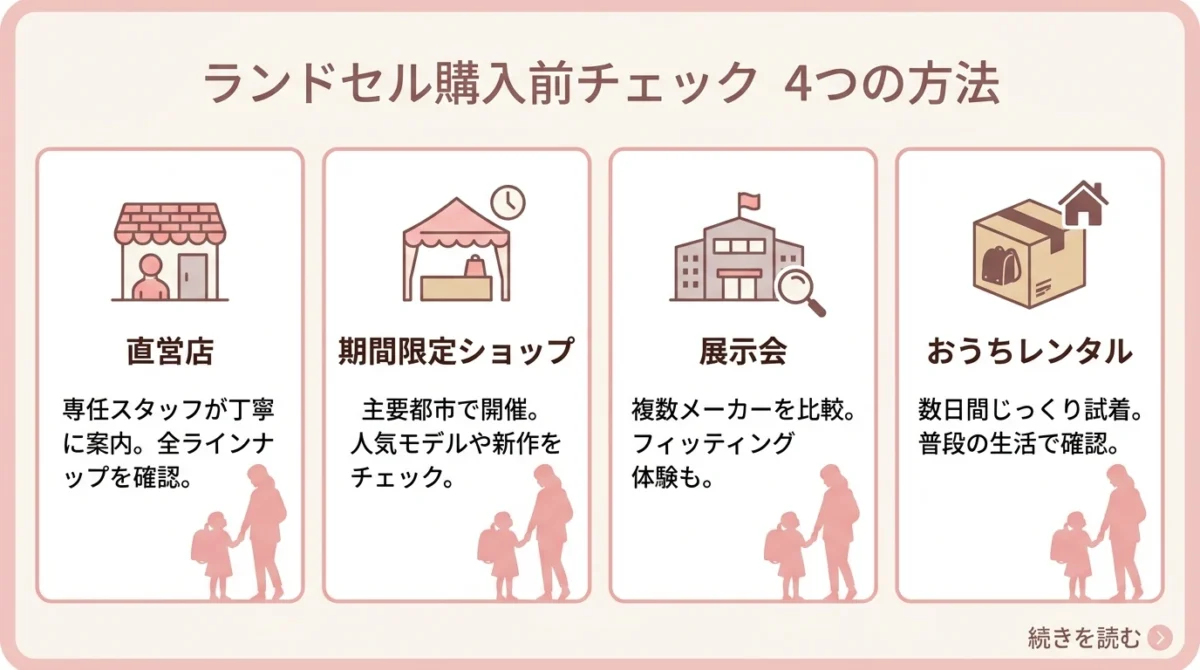 conosakiランドセルの直営店、期間限定SHOP、展示会、自宅レンタルの使い分け図解