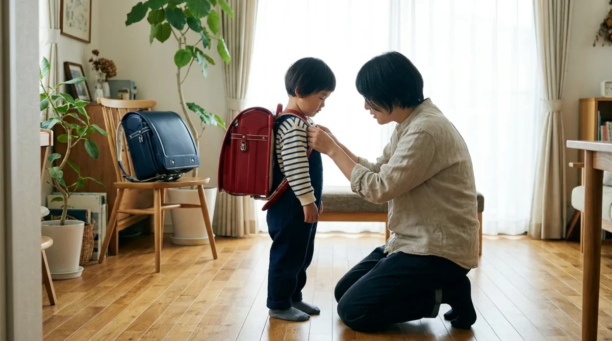 自宅でランドセルを試着して背負い心地を確認する様子