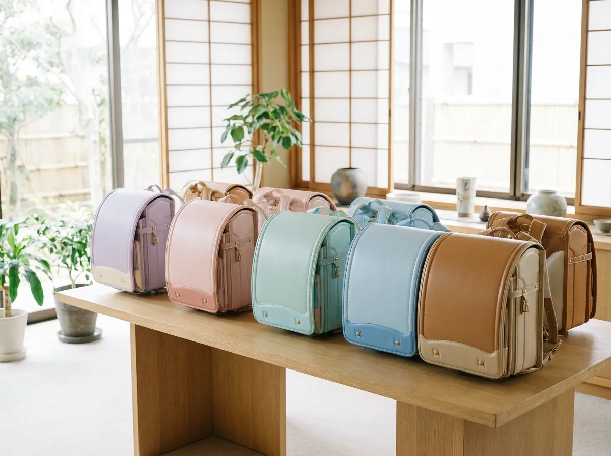 淡い色のランドセルを複数並べて比較している商品一覧イメージ