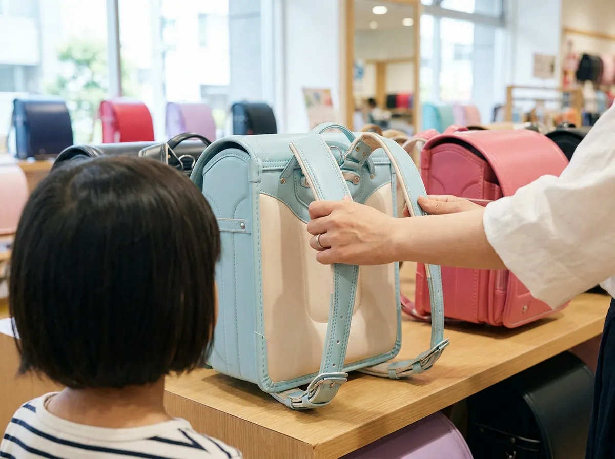 店舗でランドセルの肩ベルトや背あてを確認している親子