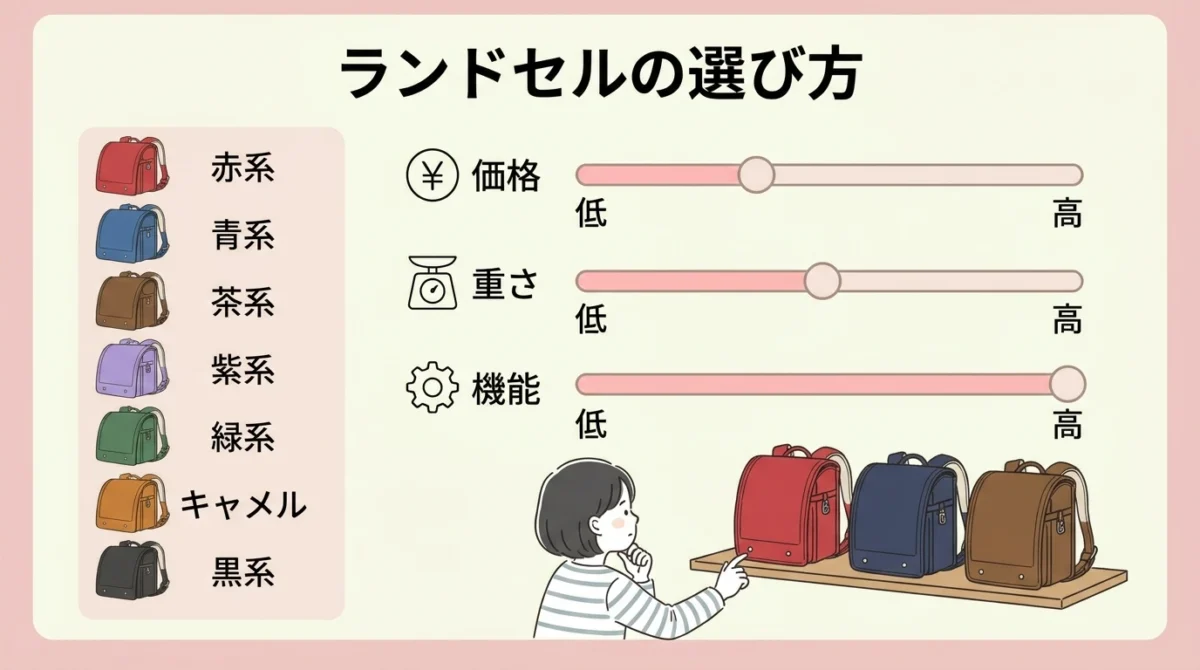 ランドセル候補を色・価格・重さ・機能で3点から5点に絞る図解