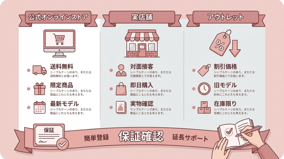 公式通販・店舗・アウトレットで確認すべきポイントを比較した図解