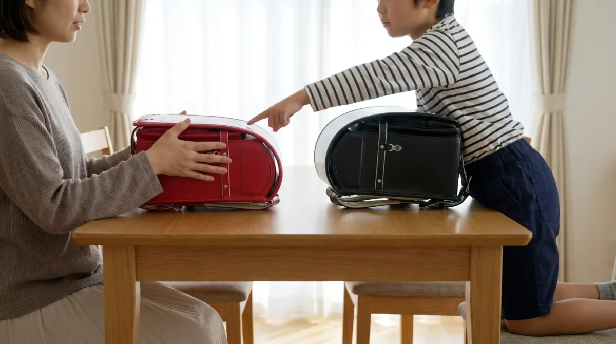 親子で軽量ランドセルを比較している室内イメージ