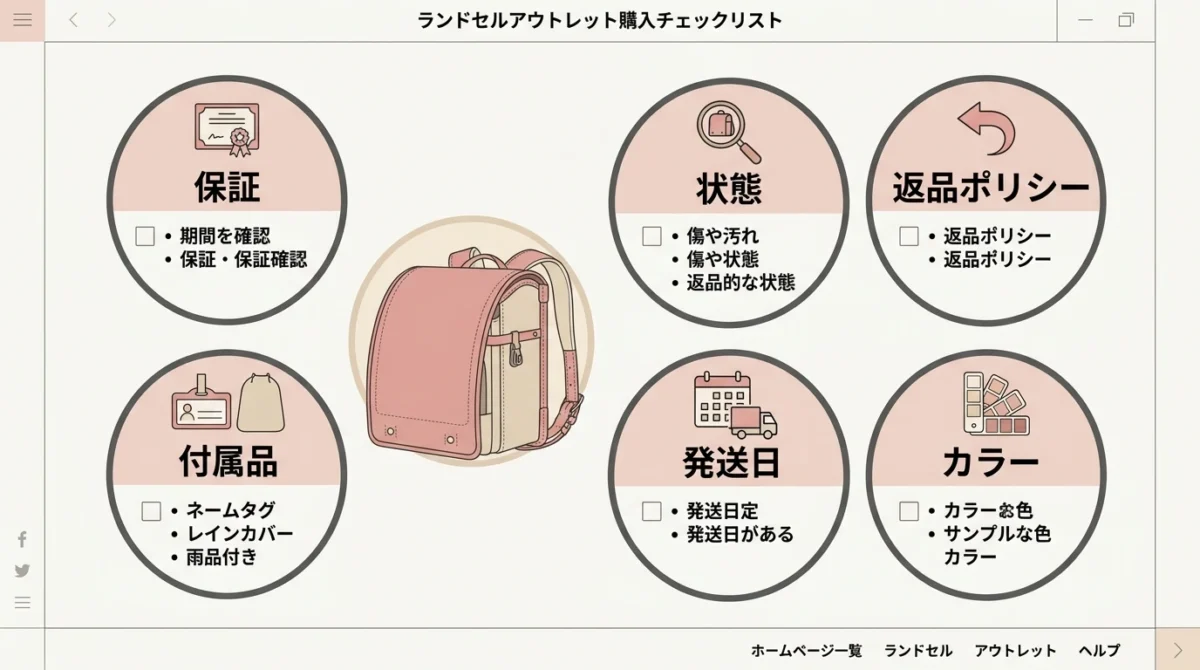 天使のはねアウトレット購入前に確認したい保証、状態、返品、付属品、発送時期、カラーの図解