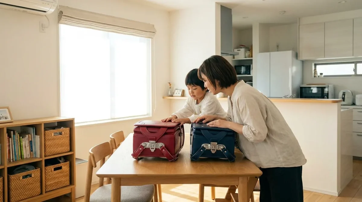 キッズアミランドセルを親子で比較している室内イメージ