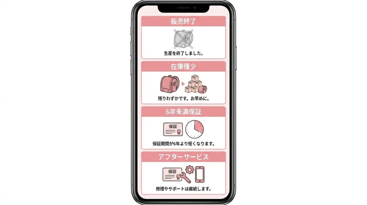 コクヨランドセルの生産終了、在庫限り販売、6年未満保証、アフターサービスを説明する図解