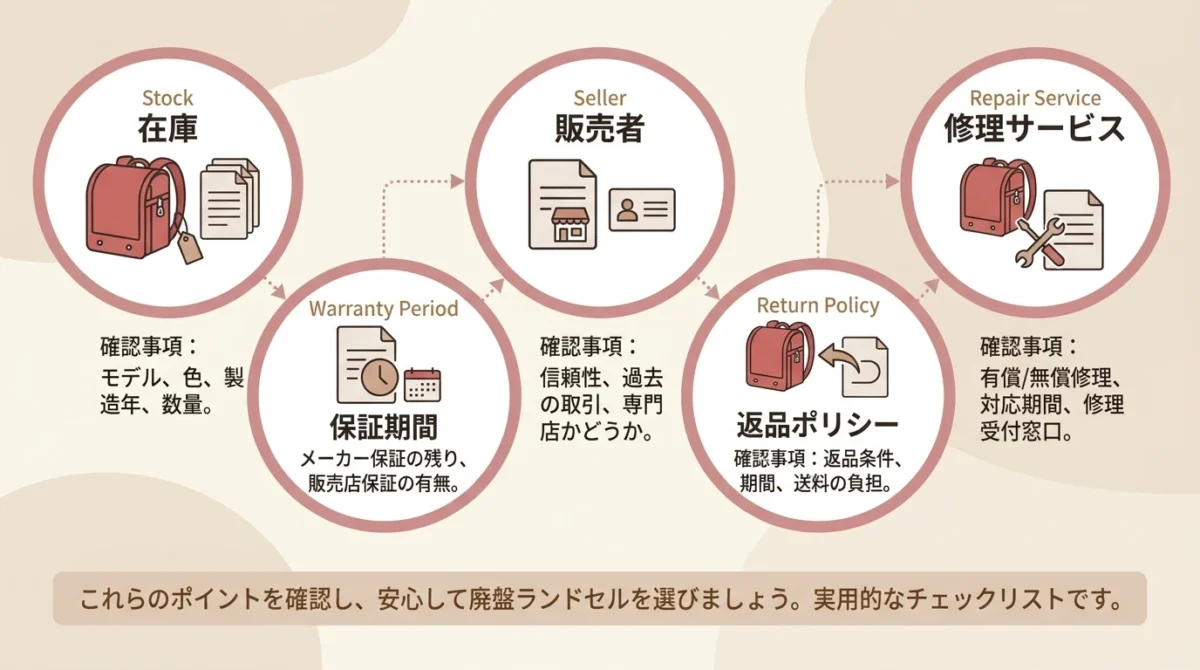 コクヨランドセル旧モデル購入前に確認する在庫、保証期間、販売元、返品条件、修理対応の図解