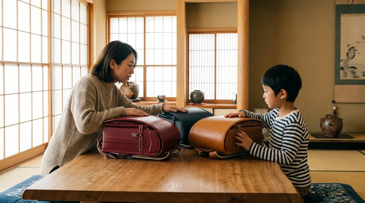 萬勇鞄ランドセルを親子で比較している室内イメージ