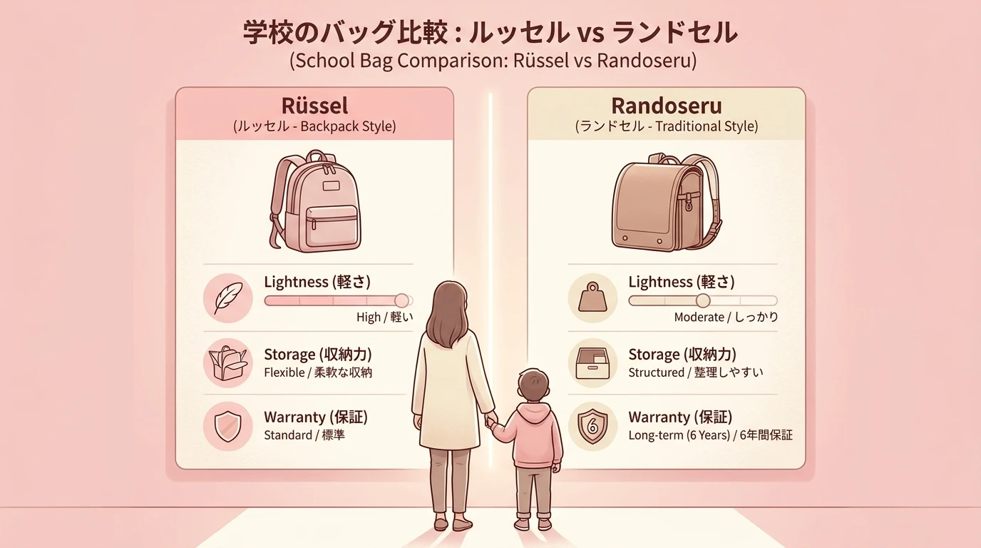Rikomonのリュッセルとランドセルの違いを比較する図解