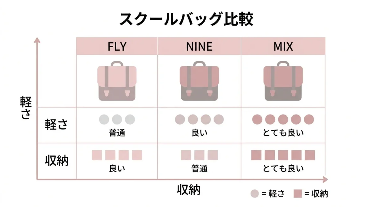 RikomonのFLY・NINE・MIXを重さと収納力で比較する図解