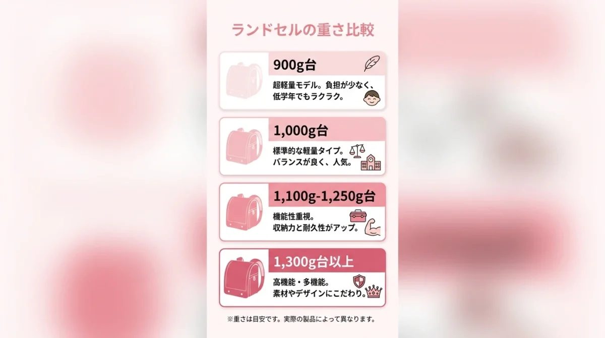 ランドセルの重量帯ごとの特徴を比較した図解