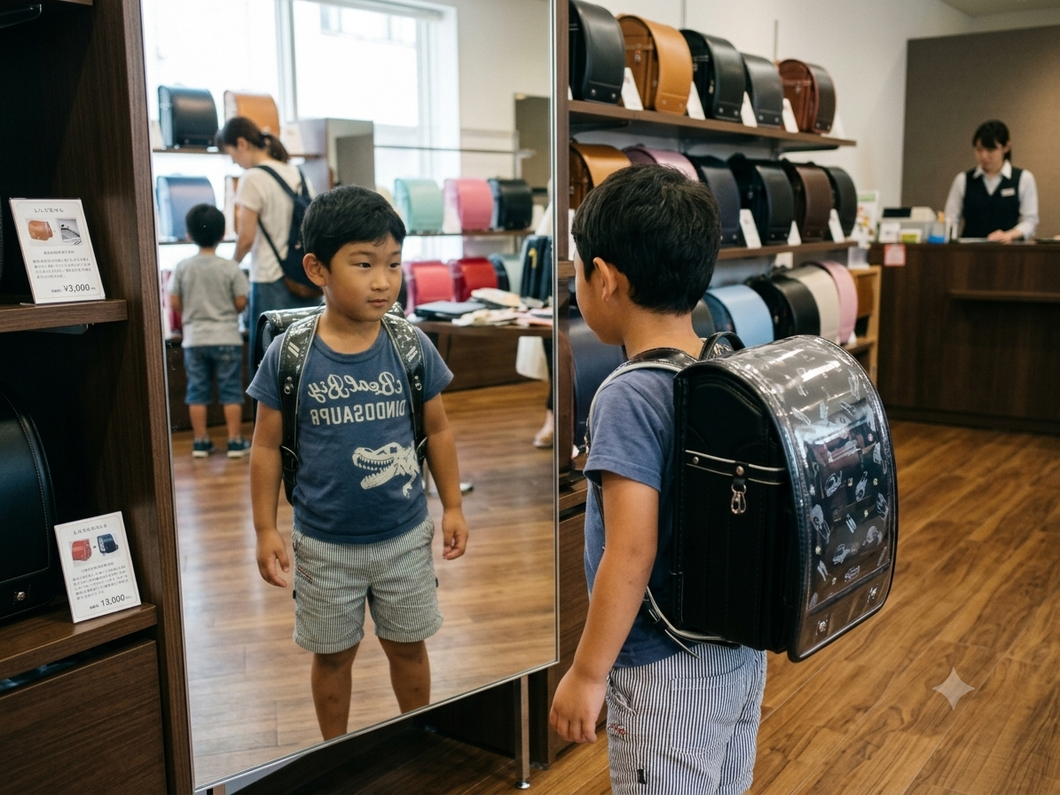 ランドセルを背負って鏡をみる男の子