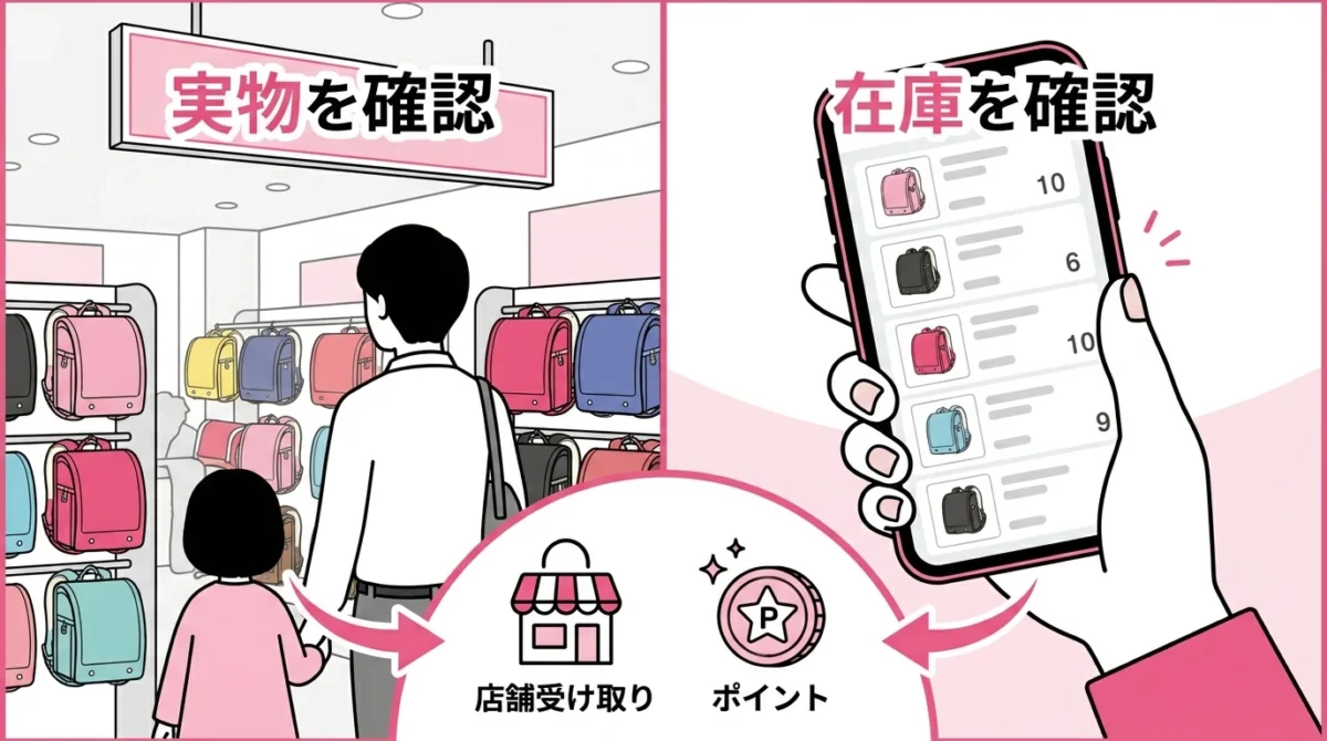 イオンランドセルの店頭購入とオンライン購入を比較する図解