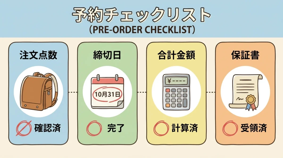 オーダーメイドランドセル注文前に受付本数・期限・総額・保証を確認する図解