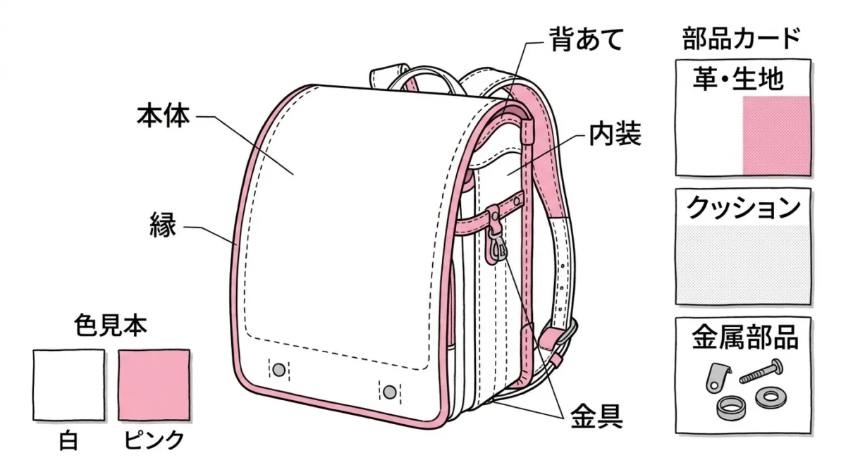 オーダーメイドランドセルで選べる本体カラー・ふち・背あて・内装・金具を示す図解
