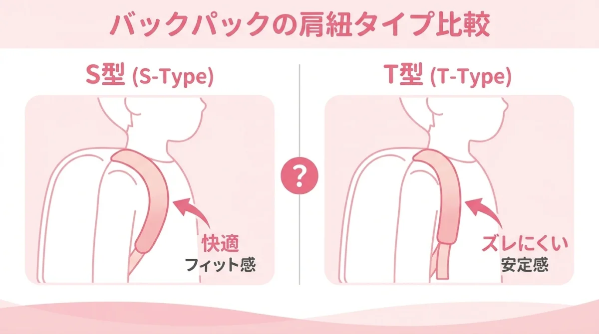 横山ランドセルのS型ベルトとT型ベルトの違いを示す図解