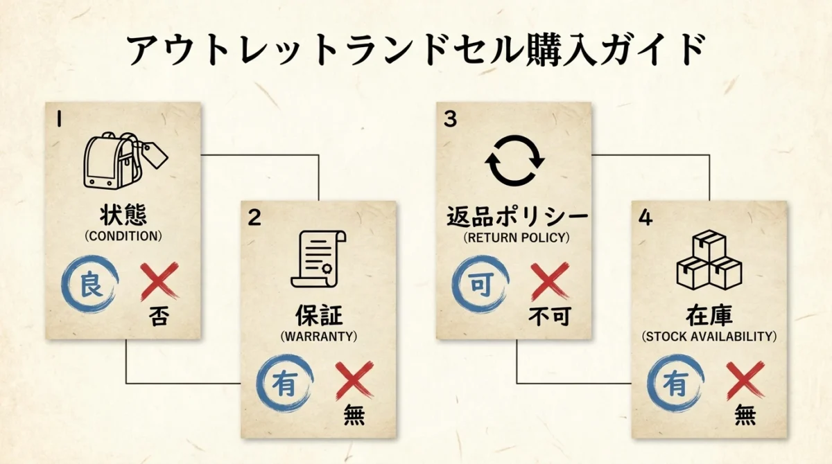 横山鞄アウトレットランドセルの確認ポイントを示す図解